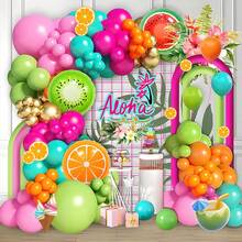 117 Stücke Tropisch Hawaiianischer Luftballon Bogen Dekor Set, grün, rosa, orange, goldener hawaiianischer Stil mit Wassermelonen- und Orangenform Folienballons, geeignet für Strandparty, Geburtstag, Pool Dekoration - Verschiedenfarbig - Übersicht 1