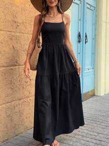 Vestido elegante de estilo vacacional sin espalda, vestido largo negro sexy con cordones para mujer