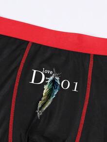 Men's Letter & Feather Pattern Briefs, Comfortable Casual Breathable Rayon Boxers