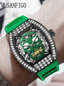 MUSANFIGO MUSANFIGO Heren Cool Dubbelzijdig Holle Wijnvat Vorm Wijzerplaat Automatisch Mechanisch Horloge, Hoogwaardig Stijlvol, Siliconen Band, Multifunctioneel Veelzijdig Heren Polshorloge