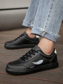 Men's Personalized Colorblock Letter Print Casual Shoes, Simple Versatile Outdoor Sports Lace-Up Flat Skateboard Sneakers - Black - View 8