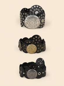 1 件装黑色 PU 圆盘拼接空心金属索环圆形女士腰带 夏季、秋季、万圣节