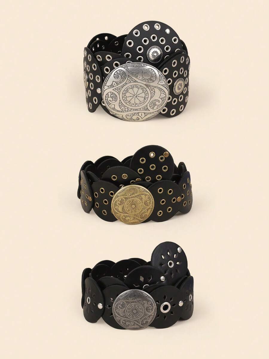 1 件装黑色 PU 圆盘拼接空心金属索环圆形女士腰带 夏季、秋季、万圣节