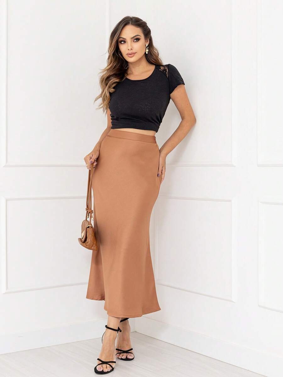 Elegant Long Skirt Women's Fashion Satin Skirt With Side Zipper Code167 - 卡其色 - 查看 1