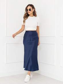 Elegant Long Skirt Women's Fashion Satin Skirt With Side Zipper Code167 - الأزرق - مشاهدة 3