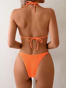 New Sexy Ribbed Strap Chained Split Bikini Swimsuit For Women - Burnt Orange - View 2