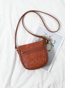Bolso cruzado con estampado de flores en relieve para mujer, bolso de hombro vintage tipo silla de montar, bolso bandolera de mujer de piel sintética PU con diseño lindo para teléfono celular, bolso básico y versátil para uso diario, perfecto para eventos tipo rodeo
