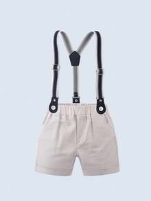 BOARNSEORL 2pcs Young Boys Gentleman Outfit - Short Sleeve Collared Shirt With Bowknot And Suspender Shorts, Fashionable And Stylish For Birthday Party, Wedding, Wedding Reception - White - View 6