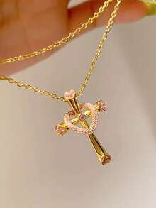 1 件时尚奢华粉色心形吊坠项链，适合女性耶稣升天日派对，高端配饰 - 金色 - 查看 2