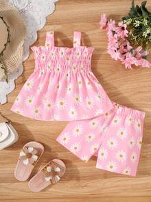 2pcs/Set Baby Girl Ditsy Floral Camisole Crop Top + Cute Shorts Outfit - Pink - View 1