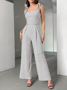 Women Elegant Plaid Print Drawstring Simplistic Everyday Jumpsuit