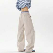 American Dachshund Patchwork Check Fake Two Pants Men's And Women's Embroidered Sweatpants Straight Leg Drop Casual Pants - Apricot - View 2