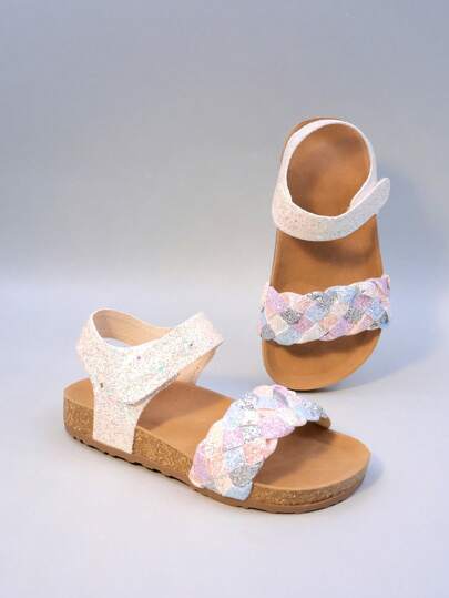 2025 Summer Fashion Girls' Roman Knitted Sandals With Strap Design, Breathable, Foot Protective, Non Slip Lightweight Cork Sole