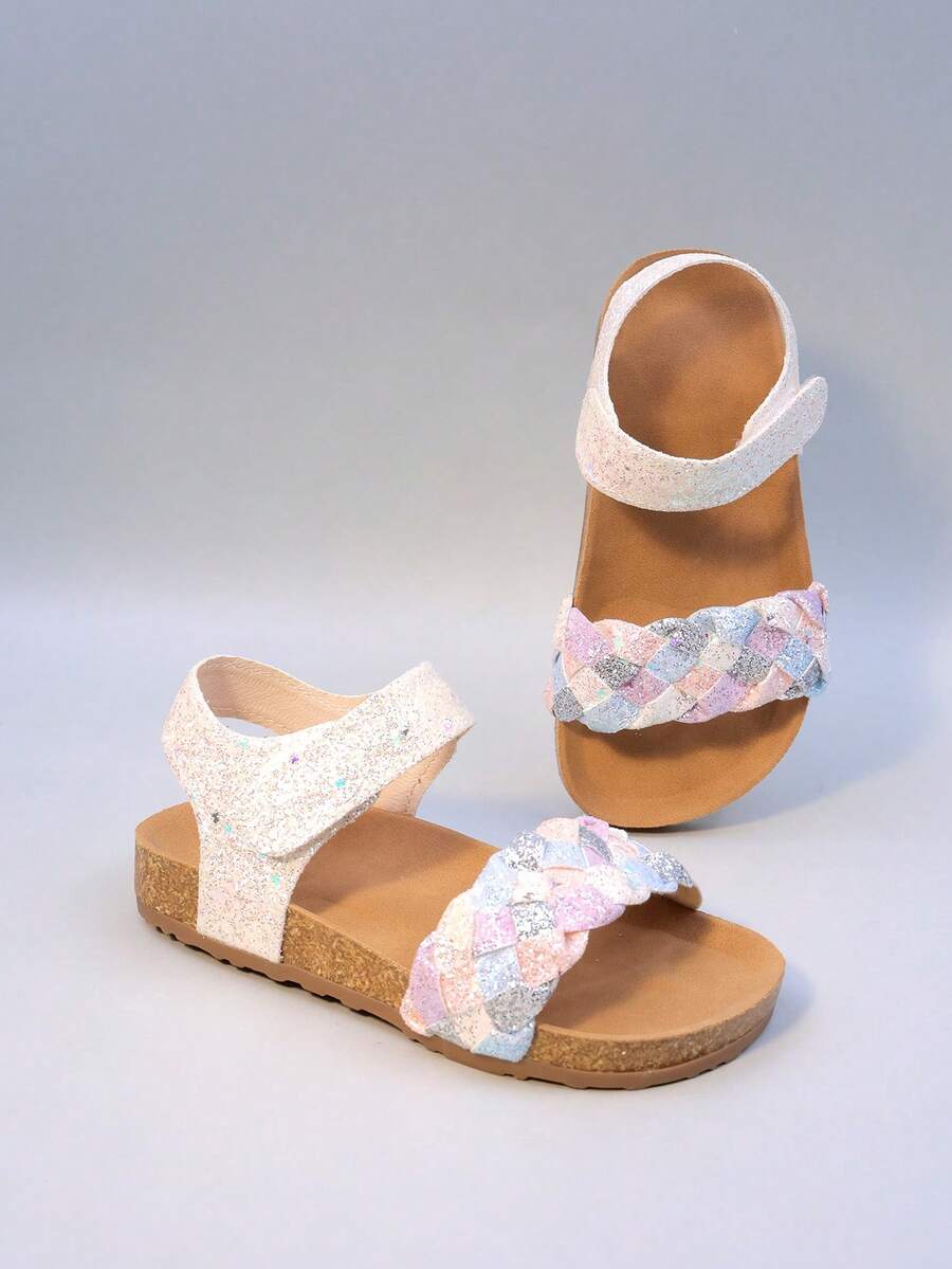 2025夏季新款女童罗马针织凉鞋，系带设计，透气，保护双脚，防滑轻便软木鞋底