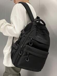 新款多层设计背包，简约百搭，大容量校园风背包，适合上学、旅行、书包、返校用品包，适用于中小学生和大学生。 - 黑色 - 查看 4