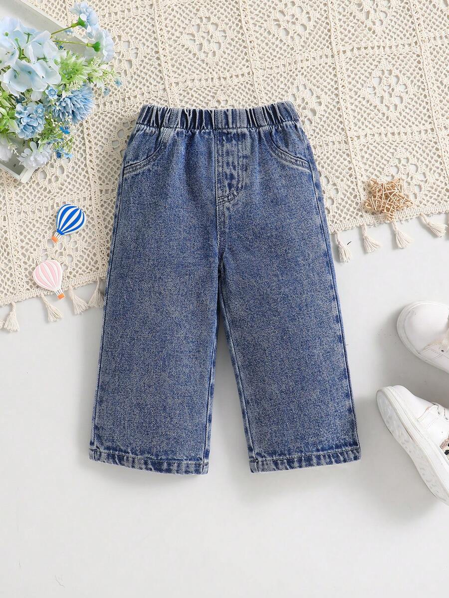 1 件装 女婴深水洗蓝色松紧腰宽松直筒牛仔裤，休闲舒适，春夏 - 深色水洗藍 - 查看 1