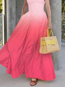 فستان رقيق بياقة V وخصر عالٍ ذو لون تدرجي، بأسلوب إجازة فرنسي قديم، موضة كاجوال للربيع والخريف 2025