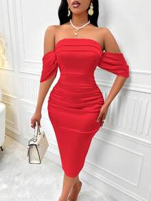 AIJ Amarilo 优雅纯色露肩褶饰修身连衣裙