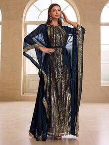 YISIKADO Bộ 2 váy dự tiệc cho nữ, kiểu váy chiffon sequin, trang trọng, váy, cho khách dự tiệc cưới - Màu xanh hải quân - Xem 4