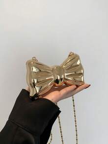 Mini Bow Decor Metallic Lipstick Holder Bag, Versatile Handbag Shoulder Crossbody Chain Bag - Gold - View 5