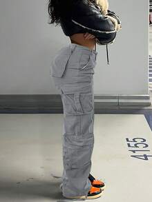 Cargo Women Pants Stretch Multi-Pocket Casual Y2K Style Black Baggy Pants - Màu Xám nhạt - Xem 3