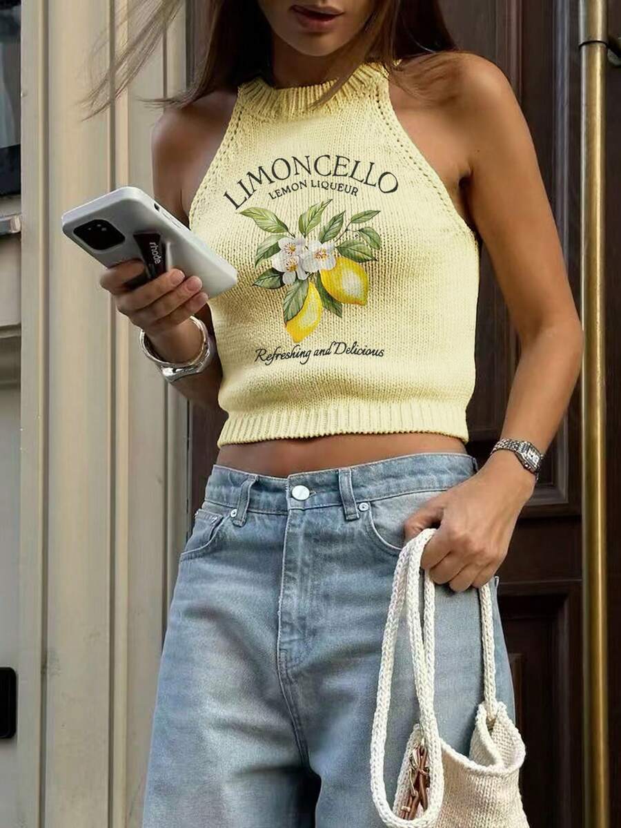 夏季新款圆领女式露背柠檬图案印花，简约时尚，适合通勤，夏季女式上衣 - 黃色 - 查看 1