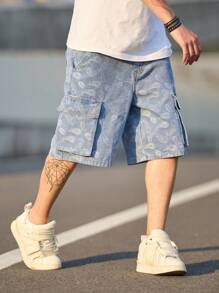 Pantaloni scurți casual bărbătești din denim albastru deschis, spălați, cu buzunare și imprimeu cu caju
