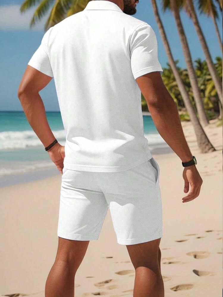 Men's Solid Color Short Sleeve Casual Top And Shorts Set, Polo Suit, Lightweight Breathable Summer Vacation Style - White - View 2