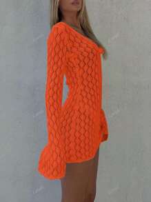 Women's Summer Vacation V-Neck Sheer Mesh Hollow Out Knot Button Crochet Long Sleeve Cover Up Sexy Solid Color Bodycon Mini Knit Beach Bikini Dress, Spring Fall