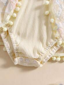 Baby Girl Summer Outfits Ruffle Sleeveless Square Neck Flower Romper With Headband Set - Beige - View 5