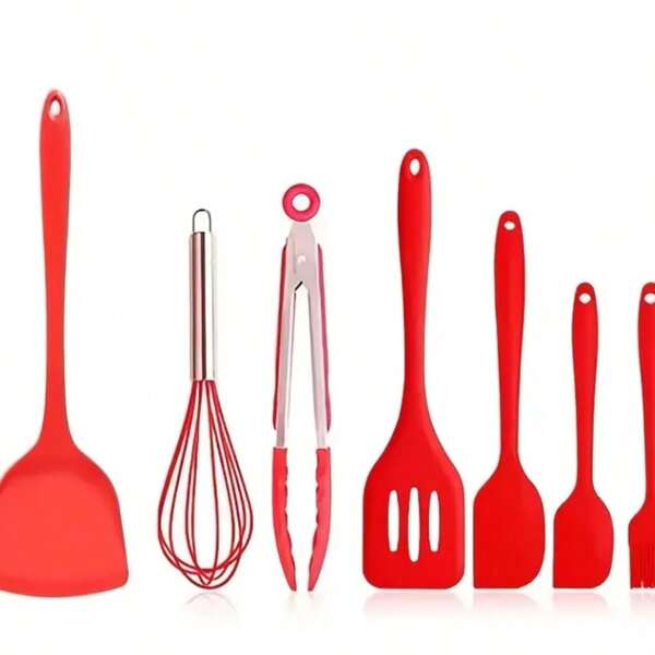 7pcs Silicone Kitchenware Set, Heat-Resistant, High-Temperature Resistant, Red & Black Color