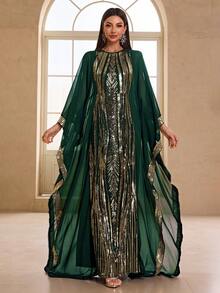 YISIKADO 2 件套女士宴会礼服套装，雪纺亮片长礼服，派对礼服，适合晚会、婚礼宾客 - 墨綠色 - 查看 5