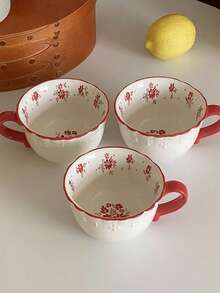 1 pieza/2 piezas/4 piezas Taza de té de la tarde de cerámica con relieve floral rojo estilo coreano Ins, taza de café de cerámica floral vintage, apta para desayuno, leche, postre, agua, oficina, sala de estar, uso diario