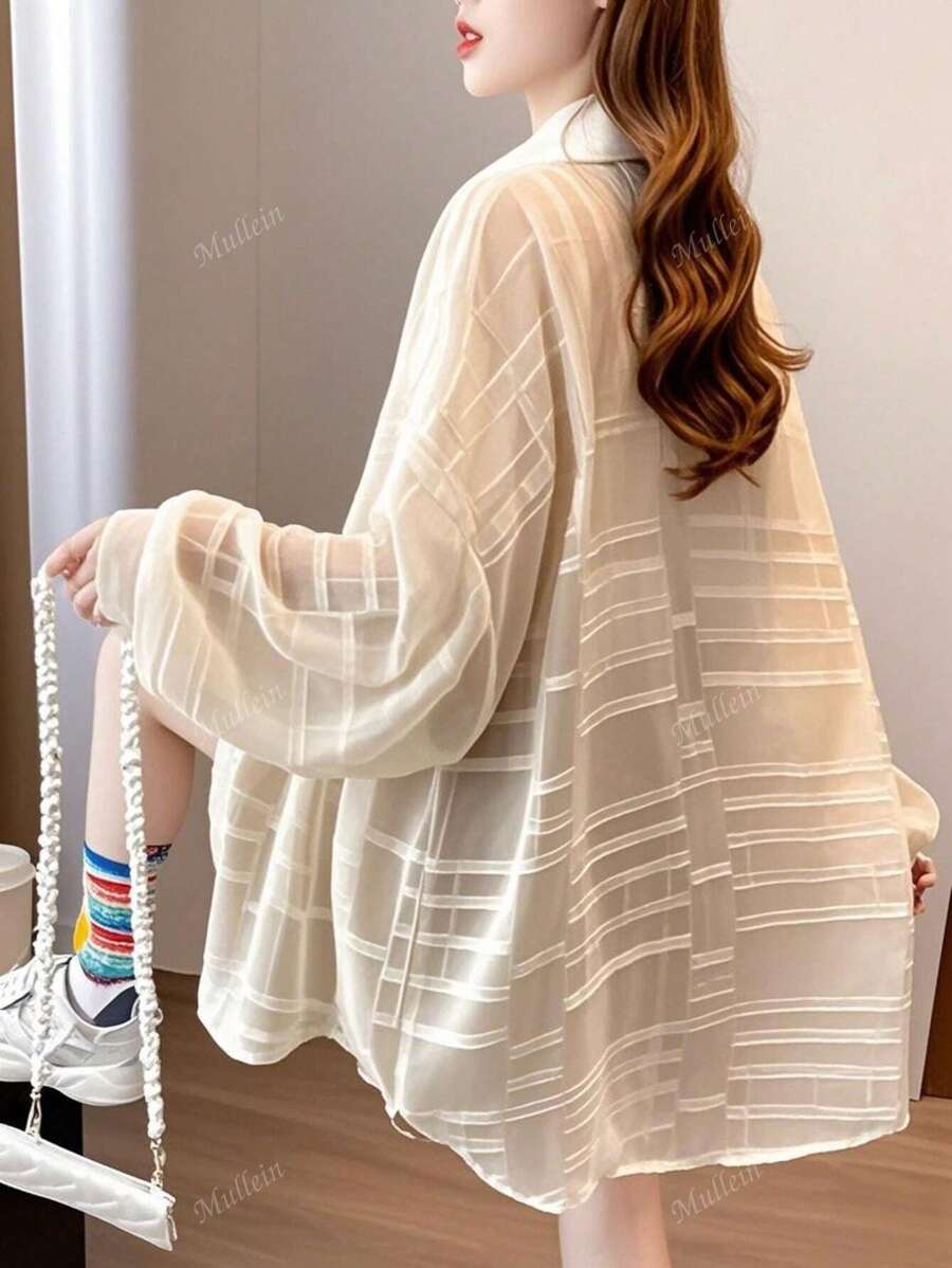 杏色长袖轻薄宽松女式夏季开衫防晒上衣