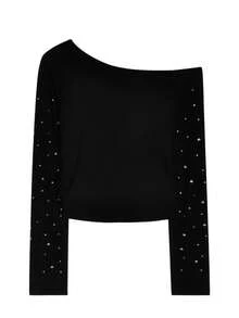 斜肩长袖修身短款上衣，亮片装饰性感女士短款上衣，春秋季新款露肩