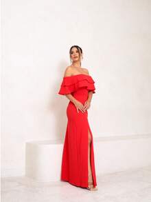Long Off-The-Shoulder Mermaid Dress With Slit For Wedding Bridesmaid Bride Graduation And General Event - Red - View 2