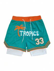 男式二合一绿白纽约字母刺绣篮球短裤，速干运动短裤，适合篮球、棒球、高尔夫、日常锻炼、跑步、沙滩