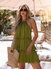 女士波西米亚风优雅分层荷叶边迷你连衣裙无袖挂脖式派对礼服圣帕特里克节爱尔兰主题鸡尾酒会特殊场合褶皱飘逸绿色节日服装 - 綠色 - 查看 11