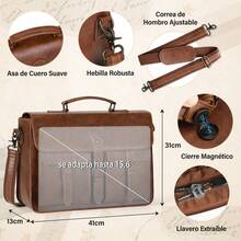 Vintage Portafolios para Hombre 15.6 Pulgadas,Maletin para Laptop PU Piel Retro,Bolsa de Mensajero Impermeable - Marrón - Ver 6