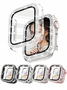 3 In 1 Bling Case With HD Screen Protector Compatible With Apple Watch 40mm 41mm 42mm 44mm 45mm 46mm Diamond Glitter Protective Face Cover PC Frame Protector Overall Protective Glass Jewelry Bumper Face Cover Case Crystal Tempered Glass For Apple Watch Series 10/9/8/7/6/5/4/3/2/1/SE Women, Rhinestone Face Cover Women For Apple Watch Accessories Surace Compatible With Apple Watch Series 10 9 8 7 6 5 4 3 2 1