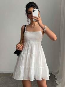 Vestido elegante de unicolor con tirantes finos para mujer, blanco, para fiesta de verano - Blanco - Ver 5