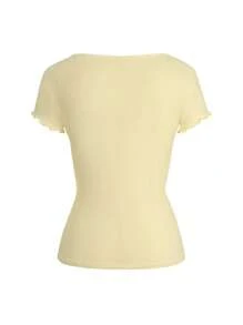 Y2K Cream Yellow Sweet Casual Minimalist School Style Fitted Solid Color Lace Patchwork Square Neck Short Sleeve Knit T-Shirt Top, Summer Women Clothing - Yellow - View 4