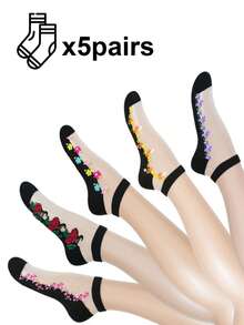 5pairs Women's Breathable Sheer Glass Silk Jacquard Short Socks In Black - Black - View 13