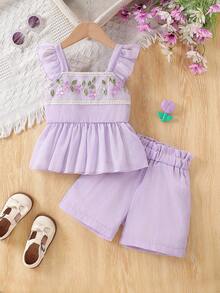 2 件套年轻女孩休闲花卉刺绣吊带背心和短裤套装，适合夏季户外、日常、休闲旅行 - 紫色 - 查看 1