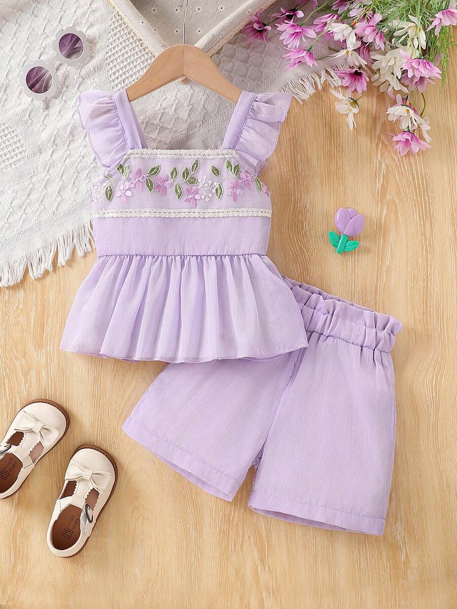 2 件套年轻女孩休闲花卉刺绣吊带背心和短裤套装，适合夏季户外、日常、休闲旅行 - 紫色 - 查看 1