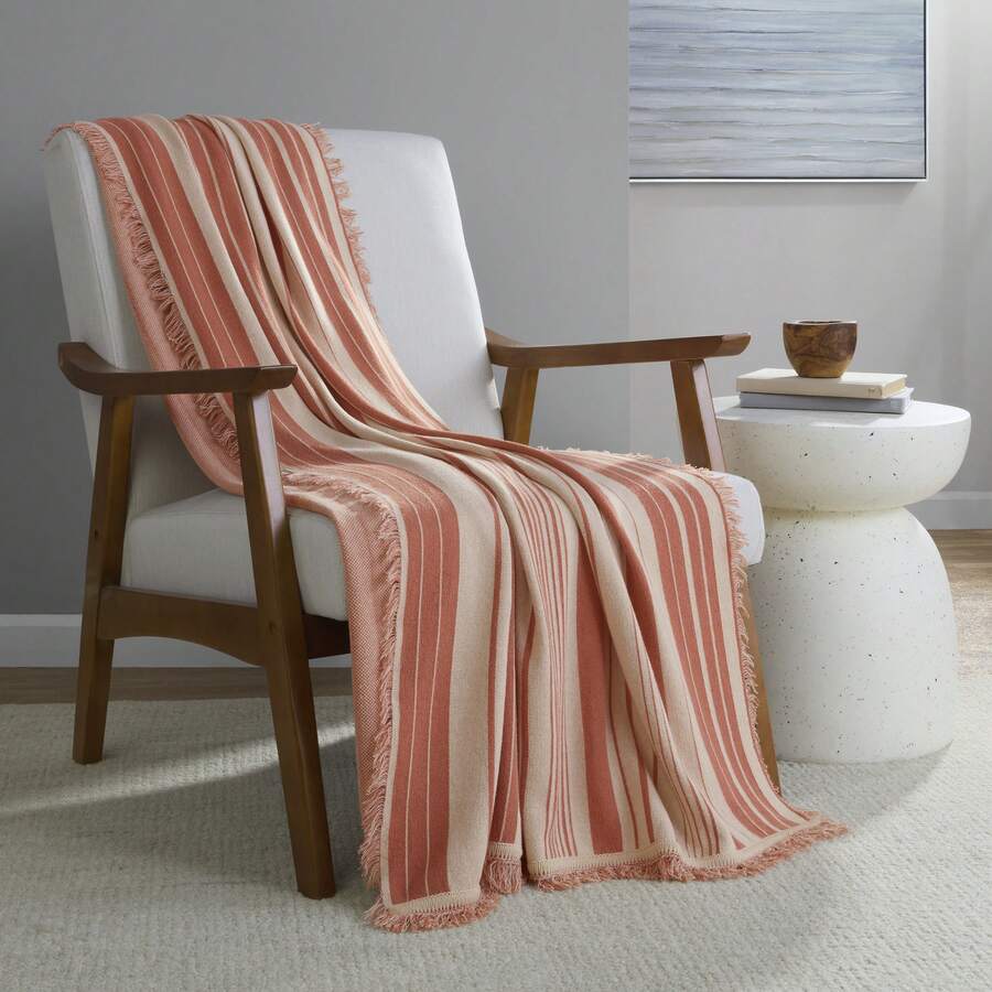 Mainstays Rustic Designs Terracotta Dream Fiona Stripe Cotton Blend Jacquard Knit Tapestry Throw, 50" X 60" - Apricot - View 1