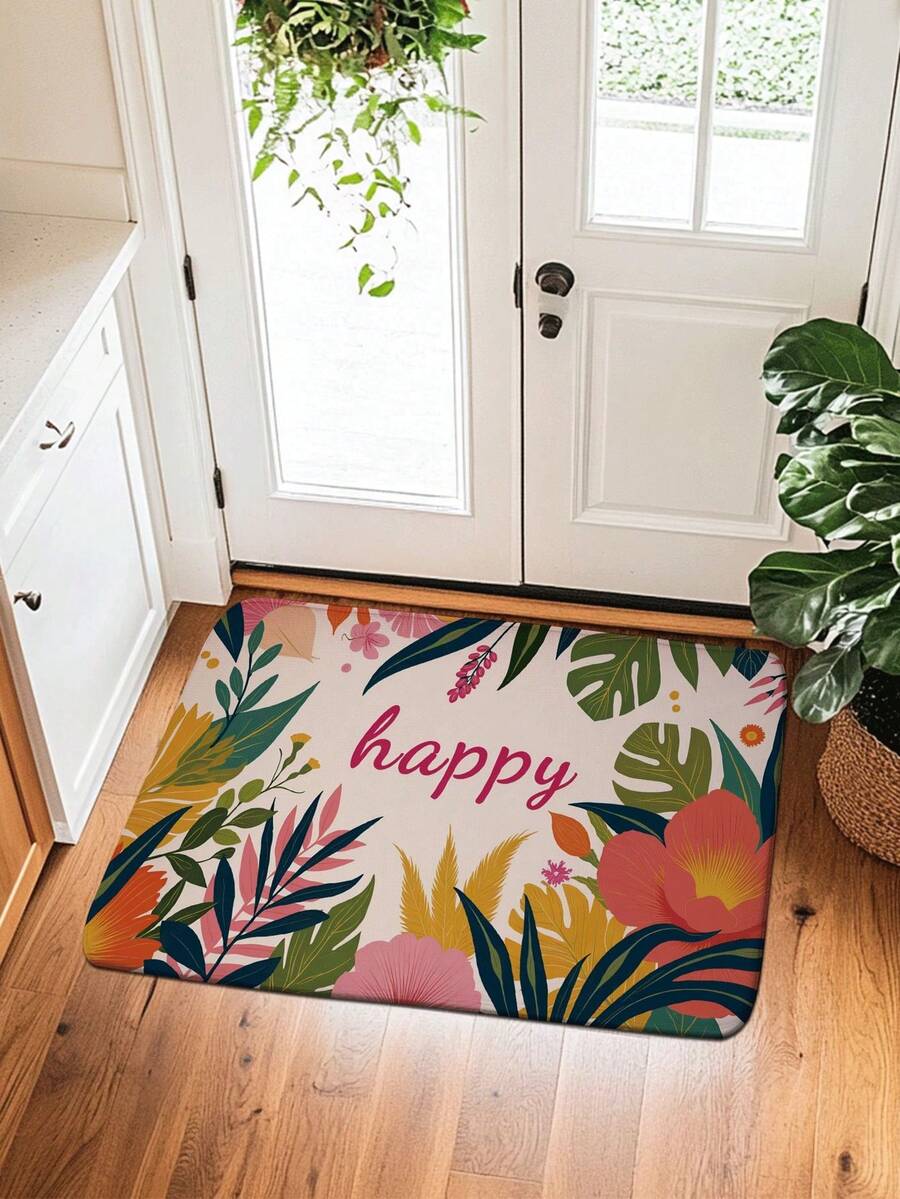1pc Tropical Plant & Letter Pattern Doormat, Modern Minimalist Thick & Soft Indoor Entrance Mat, Absorbent, Non-Slip, Durable, Flexible For Bathroom, Living Room, Bedroom, Kitchen, Shower, Patio, Home Decor Bathroom Kitchen Decor Christmas Decor