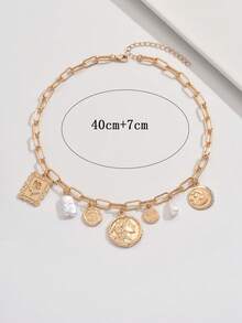 1 件时尚多吊坠项链，带金属合金饰物，包括圆形肖像、浮雕玫瑰、星星和月亮图腾，适合日常佩戴、海滩、派对、音乐节。项链长度可通过切割链条调整 - 圓形多吊墜 - 查看 5