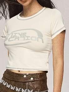 Camiseta corta con cuello redondo y estampado de letras para mujer versátil - Blanco - Ver 3