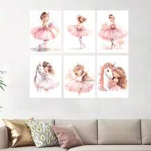 1/6PCS Optional Frame Posters Wall Arts Modern Pink Ballerina Girl Unicorn Butterfly Poster Kids Room Decorative Posters Wall Bedroom Decor ,Wall Art With Frame